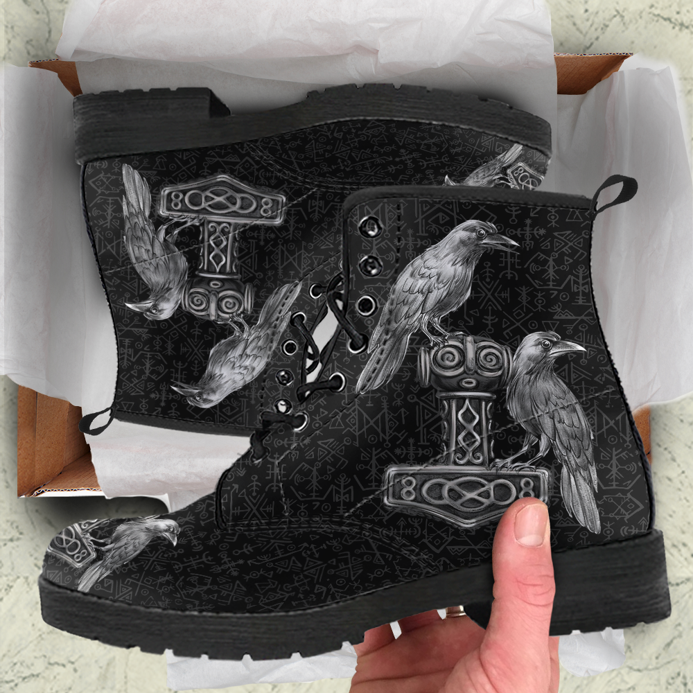 Viking Leather Boots Thor Hammer with Raven Of Odin