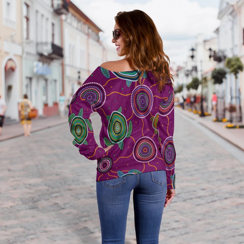 Women Off Shoulder - Aboriginal Turtle Purple Australia Dot Patterns