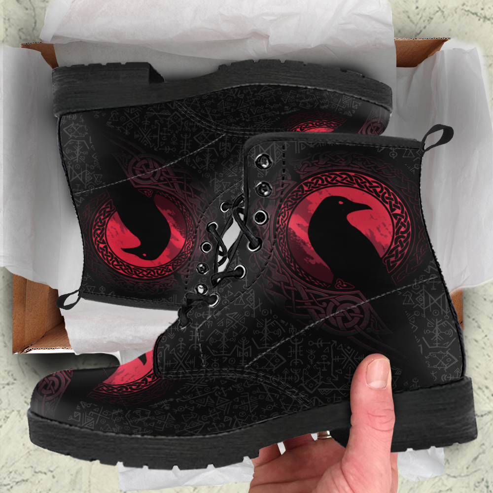 Viking Leather Boots The Raven Of Odin with Futhark Red Style