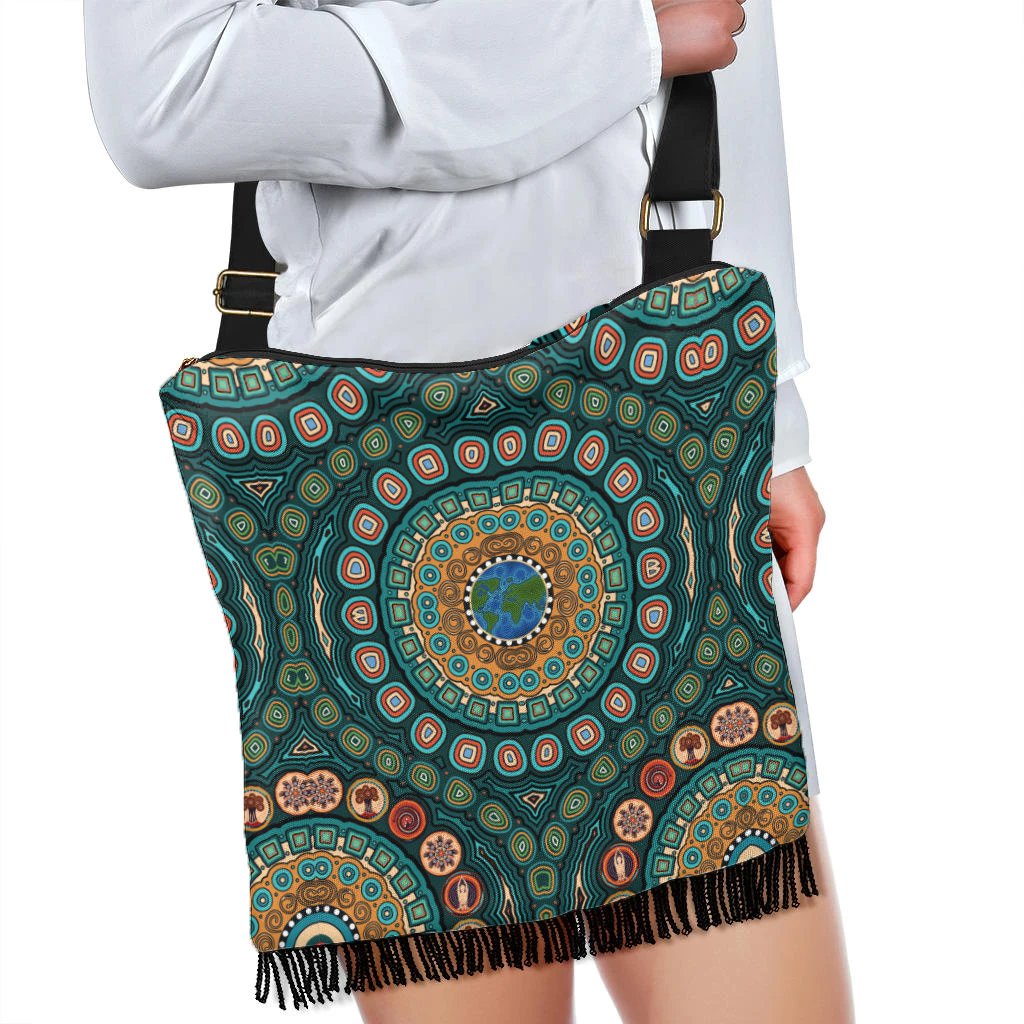 Crossbody Boho Handbag - Aboriginal Green Dot Painting With Earth