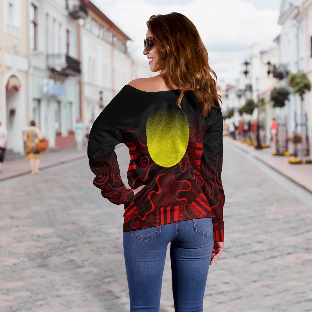 Aboriginal Women's Off Shoulder Sweater - Indigenous Flag Grunge Style