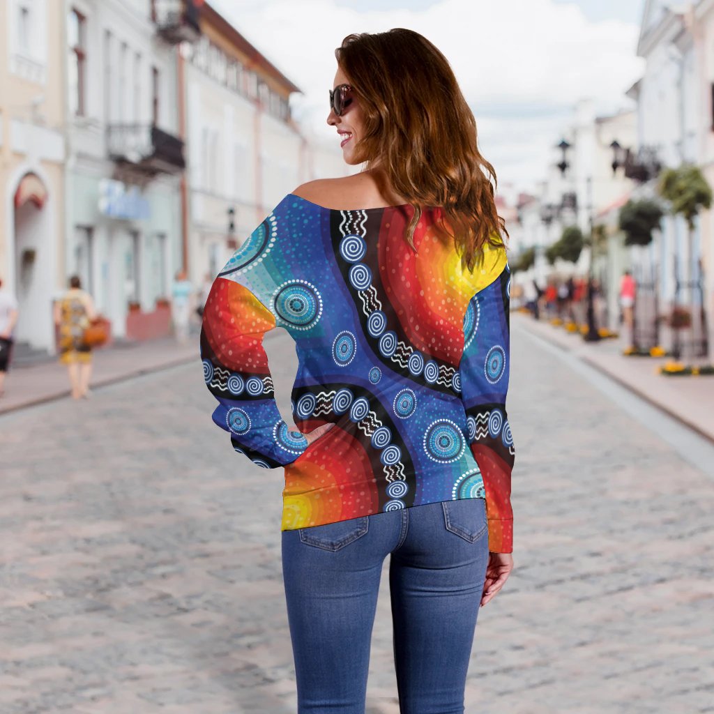 off Shoulder Sweater - Aboriginal Color Dot Painting