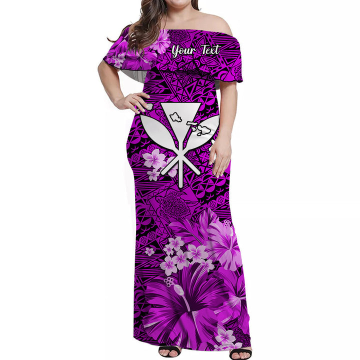 (Custom Personalised) Hawaii Off Shoulder Long Dress Map and Turtle Purple Flowers LT13