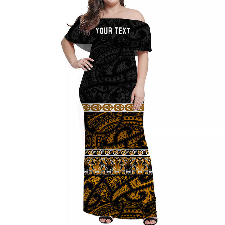 (Custom Personalised) New Zealand Off Shoulder Long Dress Maori Simple Gold LT13