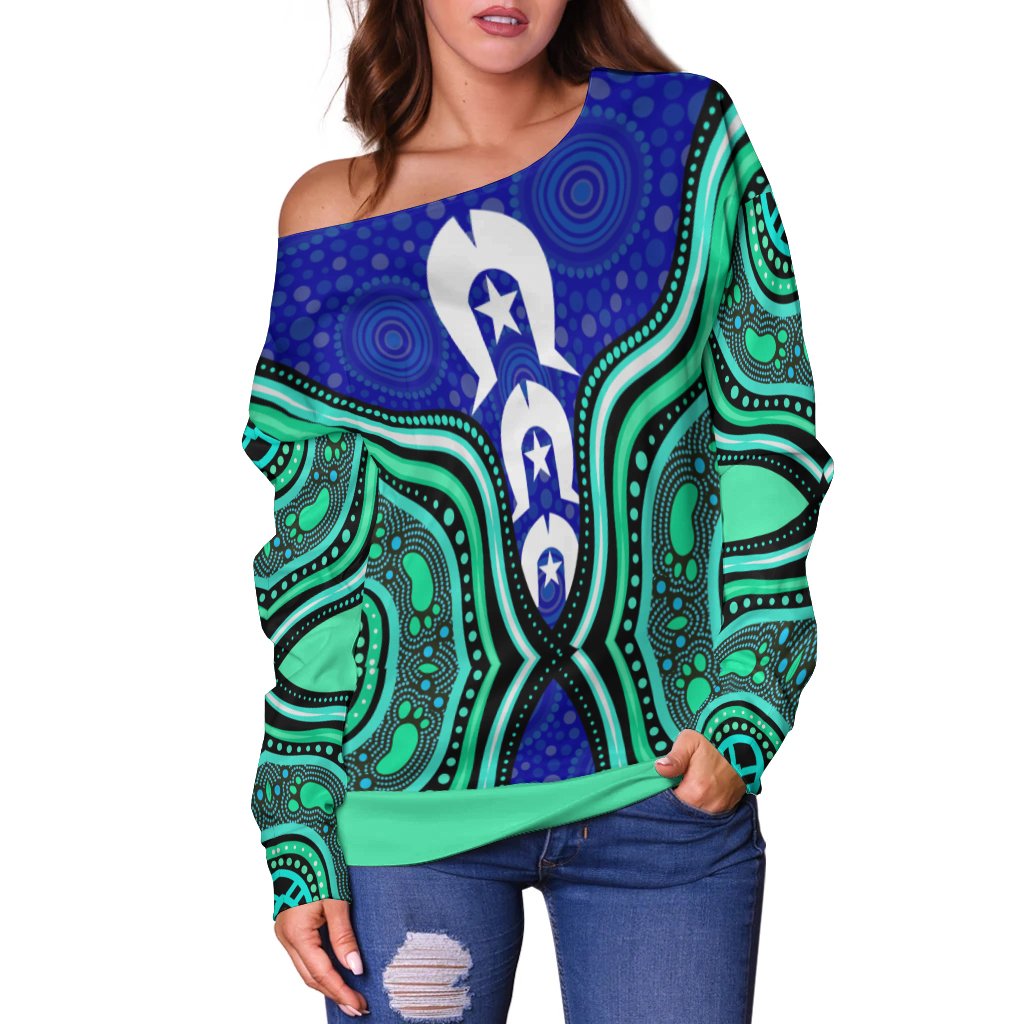 Torres Strait Women's Off Shoulder Sweater - Torres Strait Symbol And Aboriginal Patterns