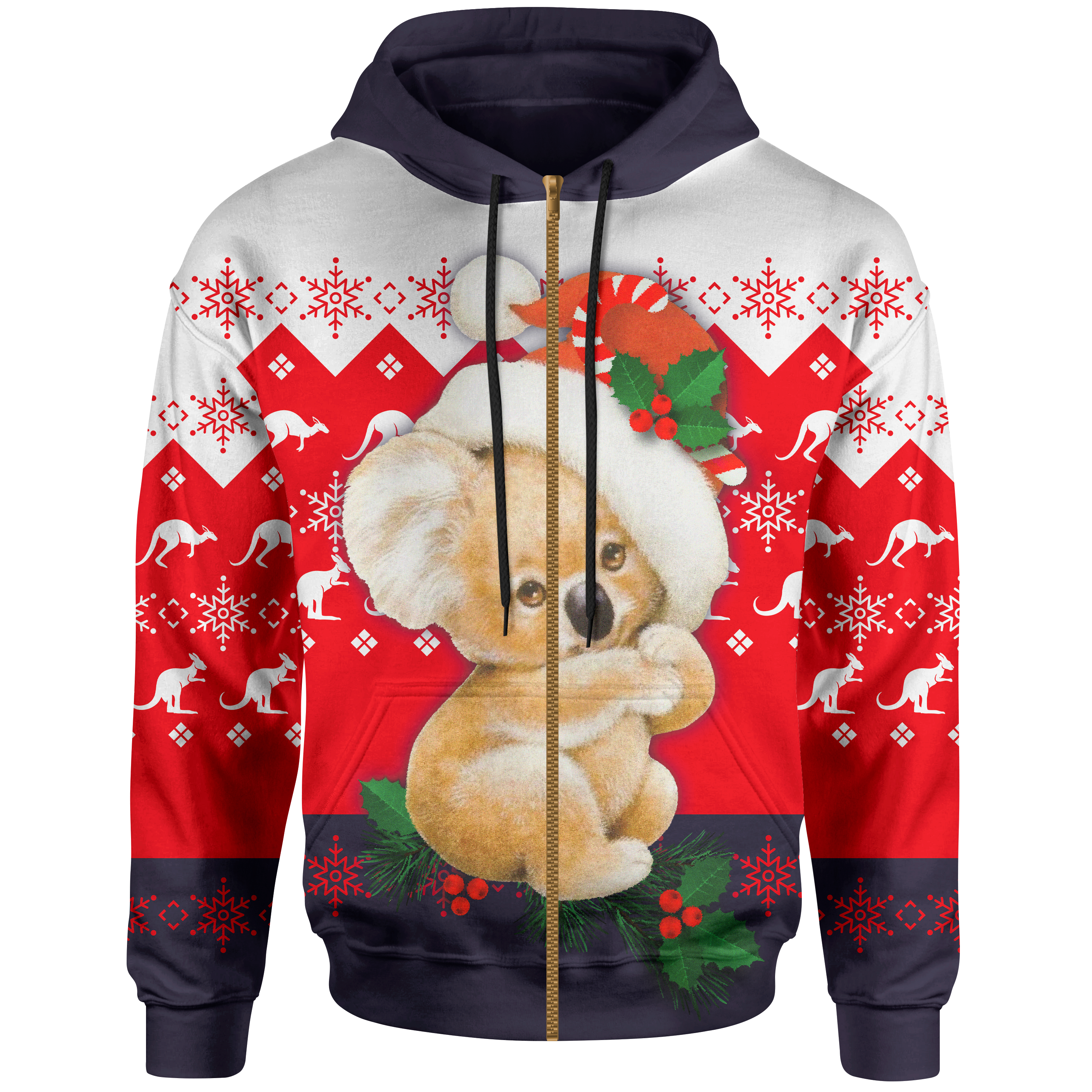 Christmas Zip Hoodie - Koala Hoodie Kangaroo Symbol Snowflakes