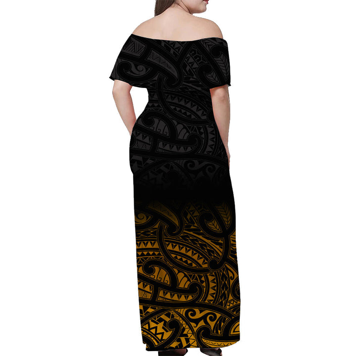 (Custom Personalised) New Zealand Off Shoulder Long Dress Maori Pattern Gold LT13