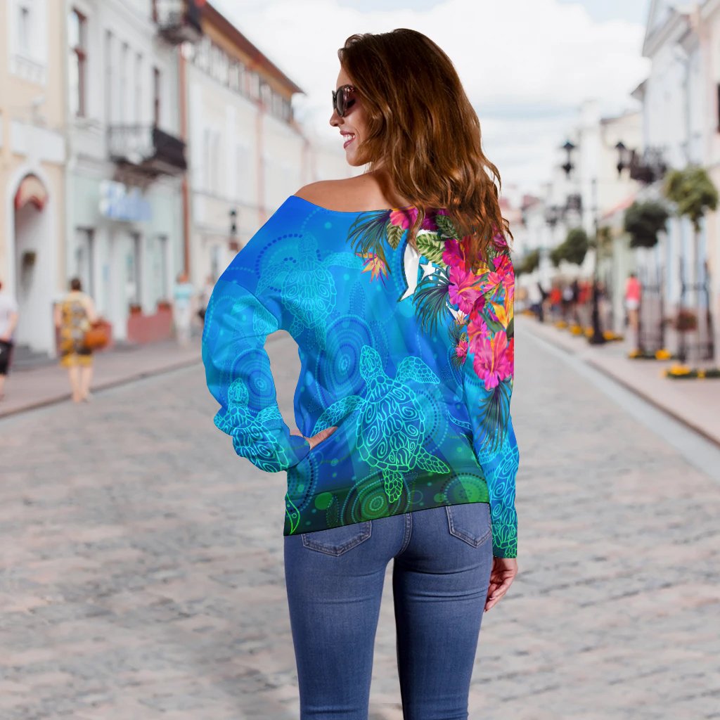 Women Off Shoulder - Torres Strait Blue Sea With Hibiscus
