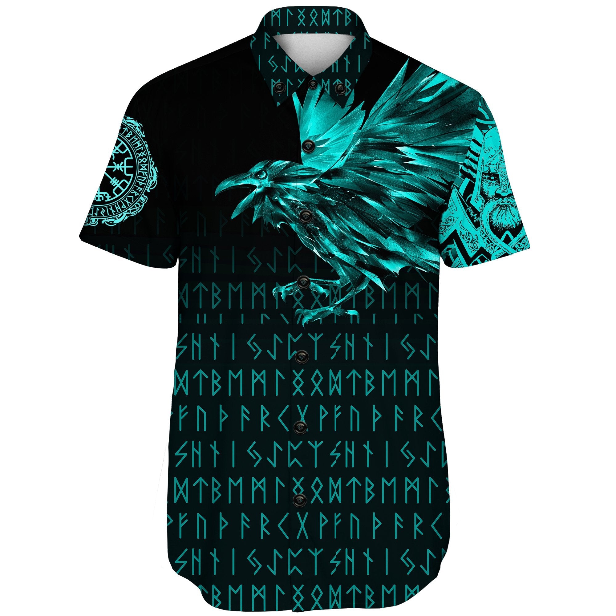 Viking Short Sleeve Shirt The Raven Of Odin Rune Cyan