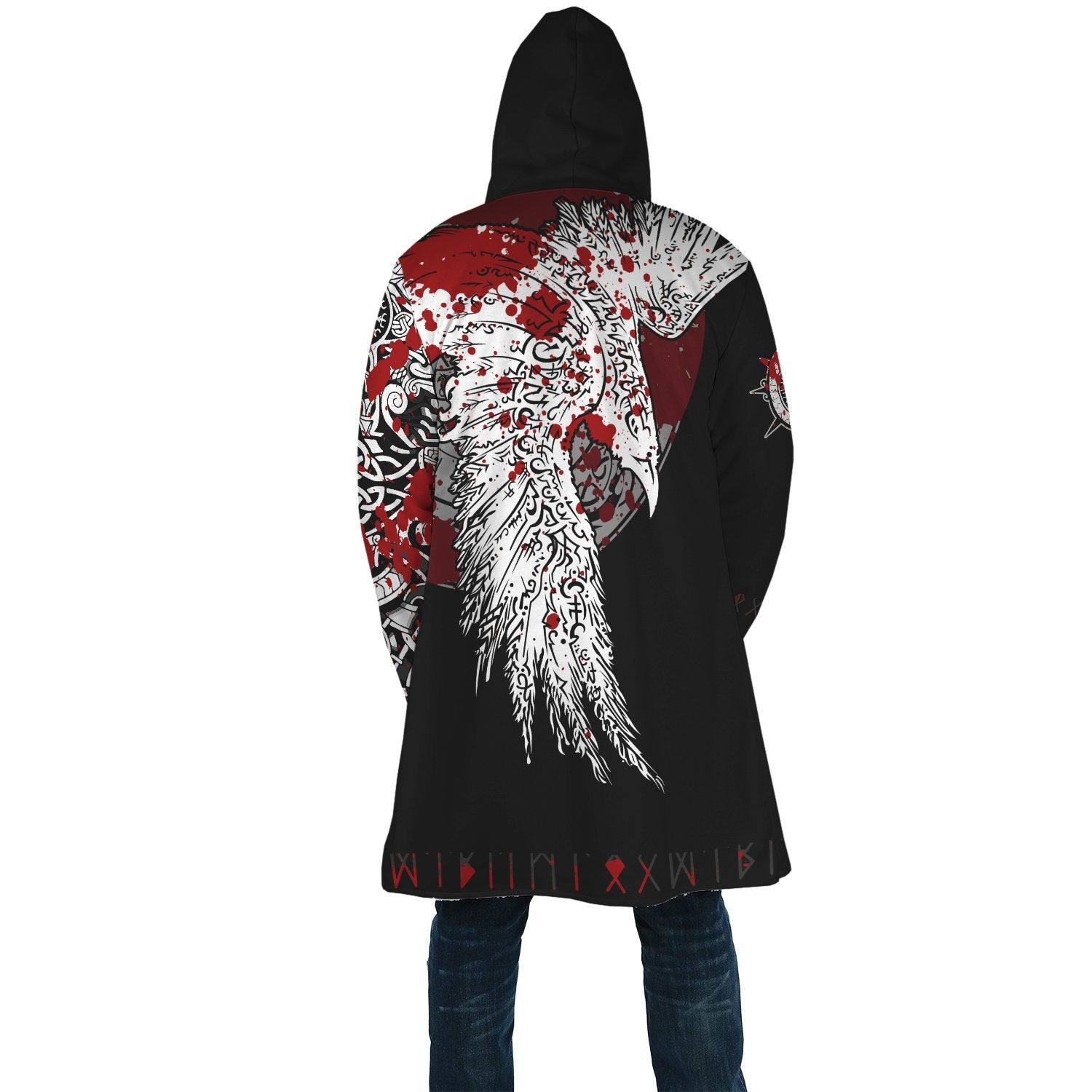 Viking Hooded Coat Mystical Raven Tattoo Style Blood