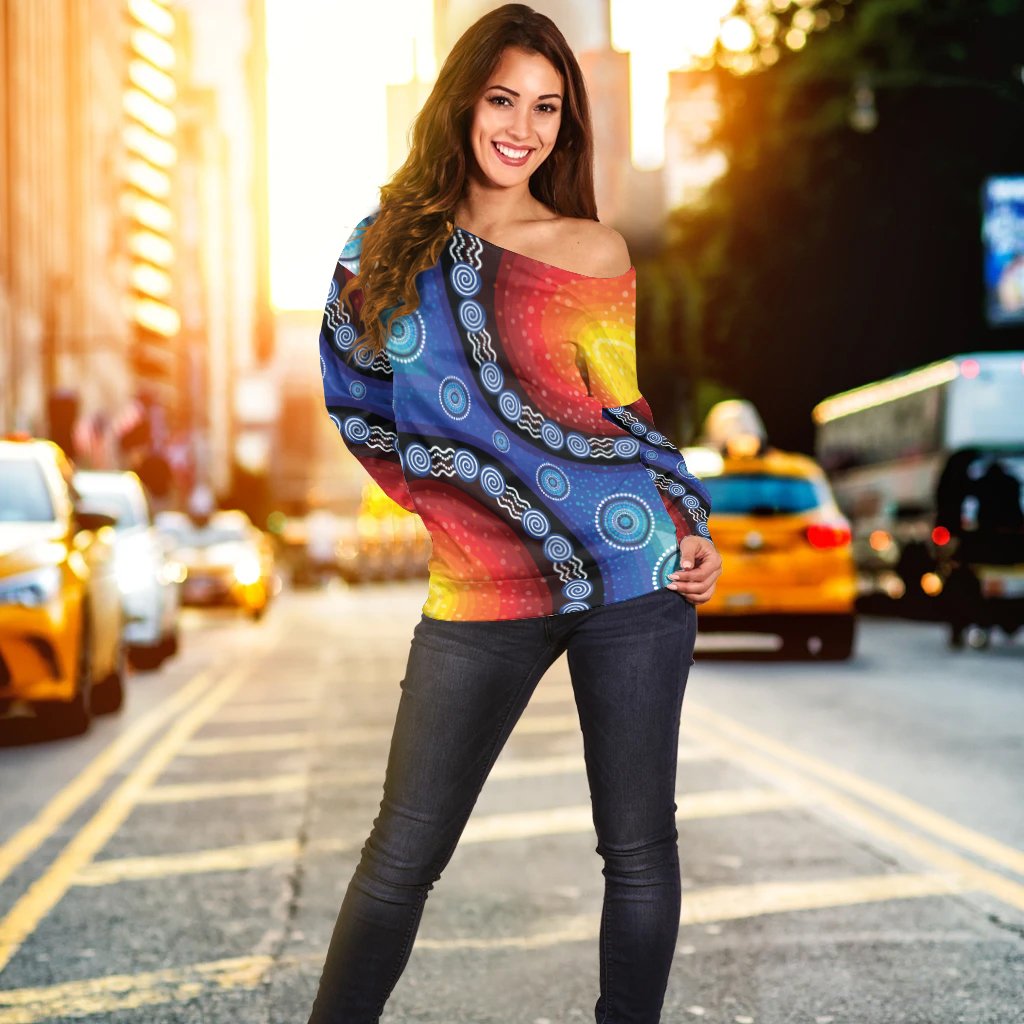 off Shoulder Sweater - Aboriginal Color Dot Painting