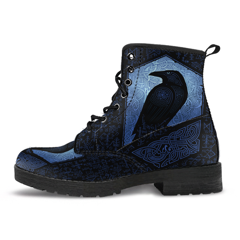 Viking Leather Boots The Raven Of Odin with Futhark Blue Style