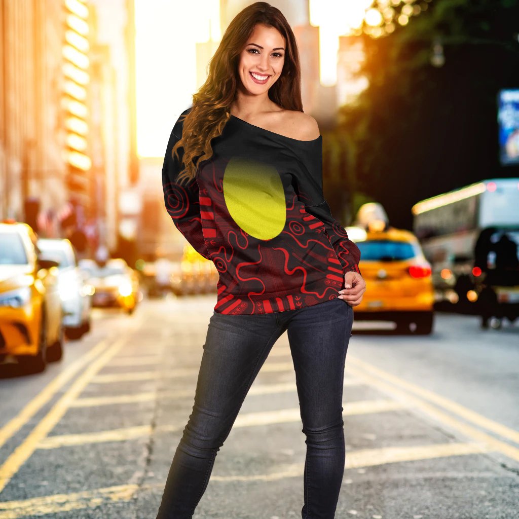 Aboriginal Women's Off Shoulder Sweater - Indigenous Flag Grunge Style