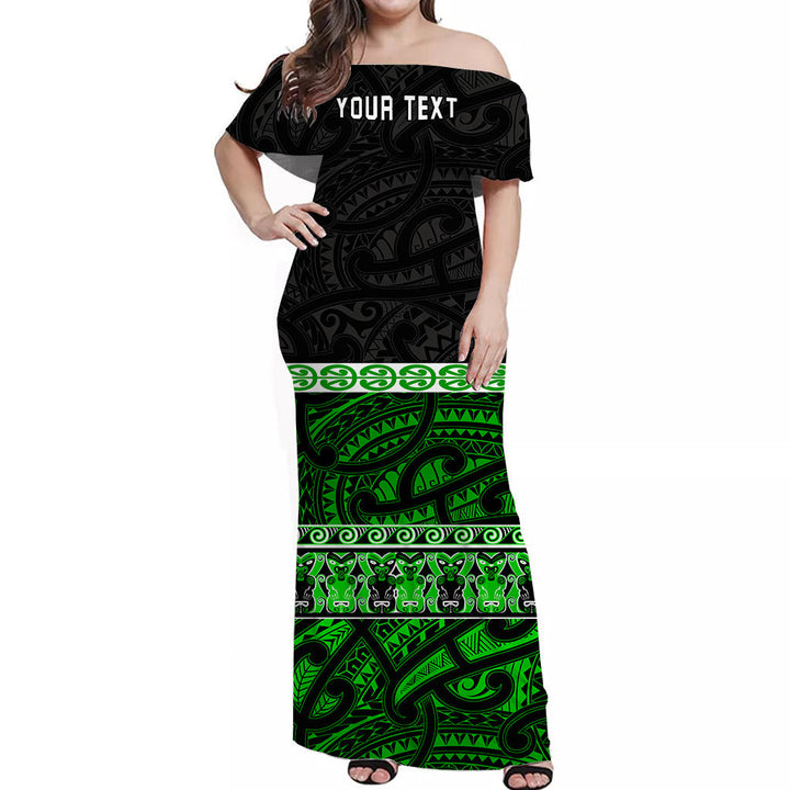 (Custom Personalised) New Zealand Off Shoulder Long Dress Maori Simple Green LT13