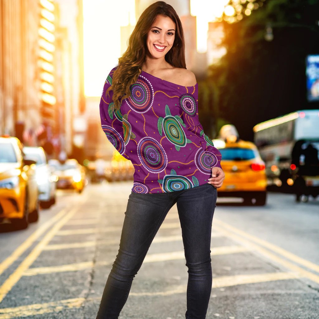 Women Off Shoulder - Aboriginal Turtle Purple Australia Dot Patterns