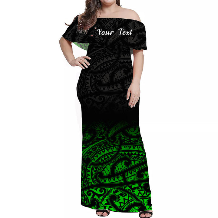 (Custom Personalised) New Zealand Off Shoulder Long Dress Maori Pattern Green LT13