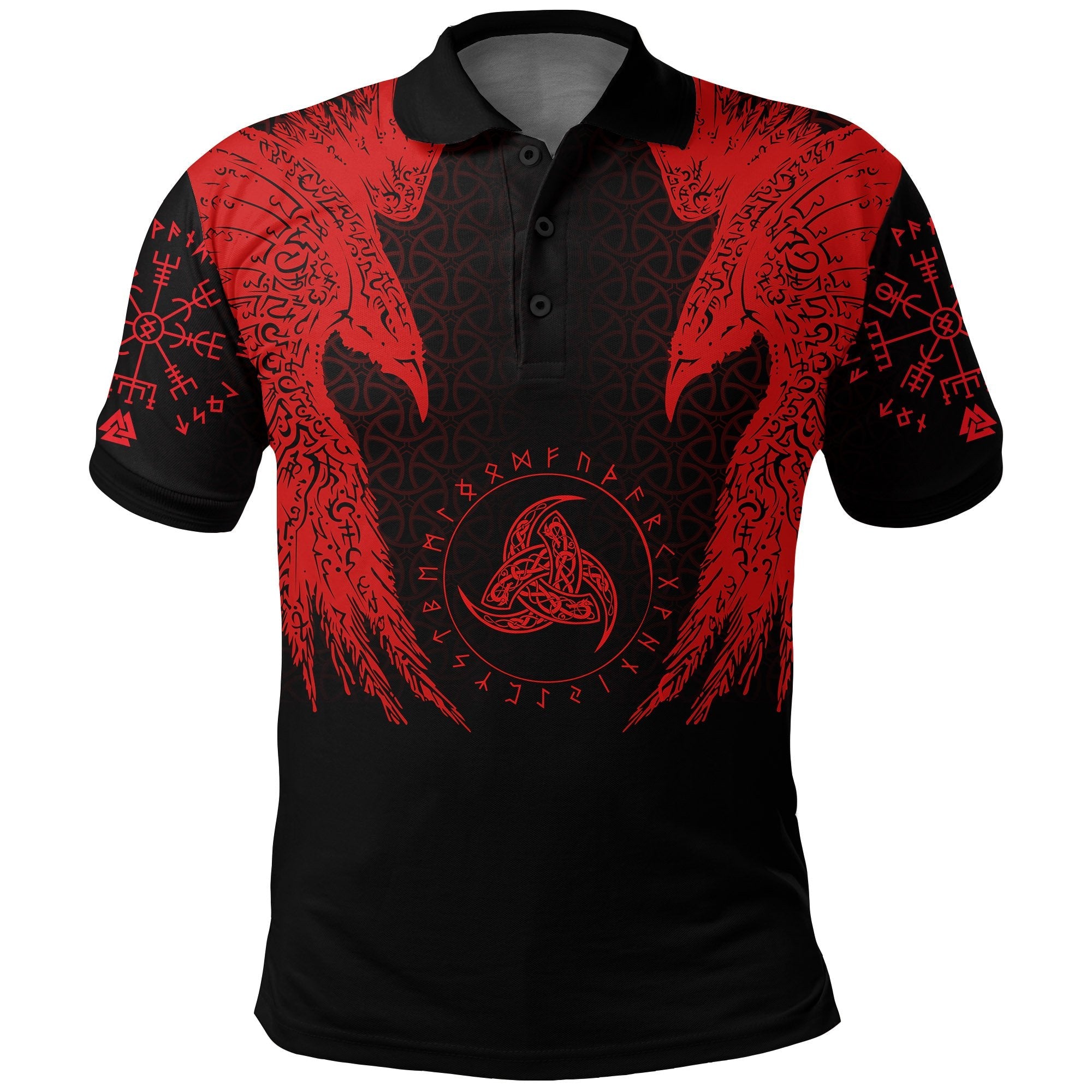 Viking Polo Shirt Raven Odin Valknut Red