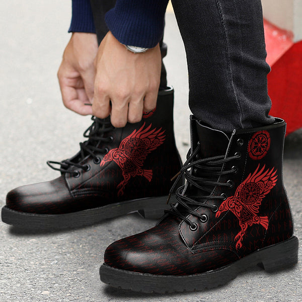 Viking Leather Boots The Raven Of Odin Tattoo Red Style