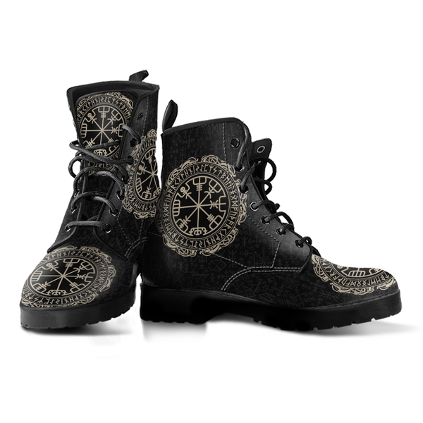 Viking Leather Boots Men's Vegvisir Symbol Rune Circle with Futhark