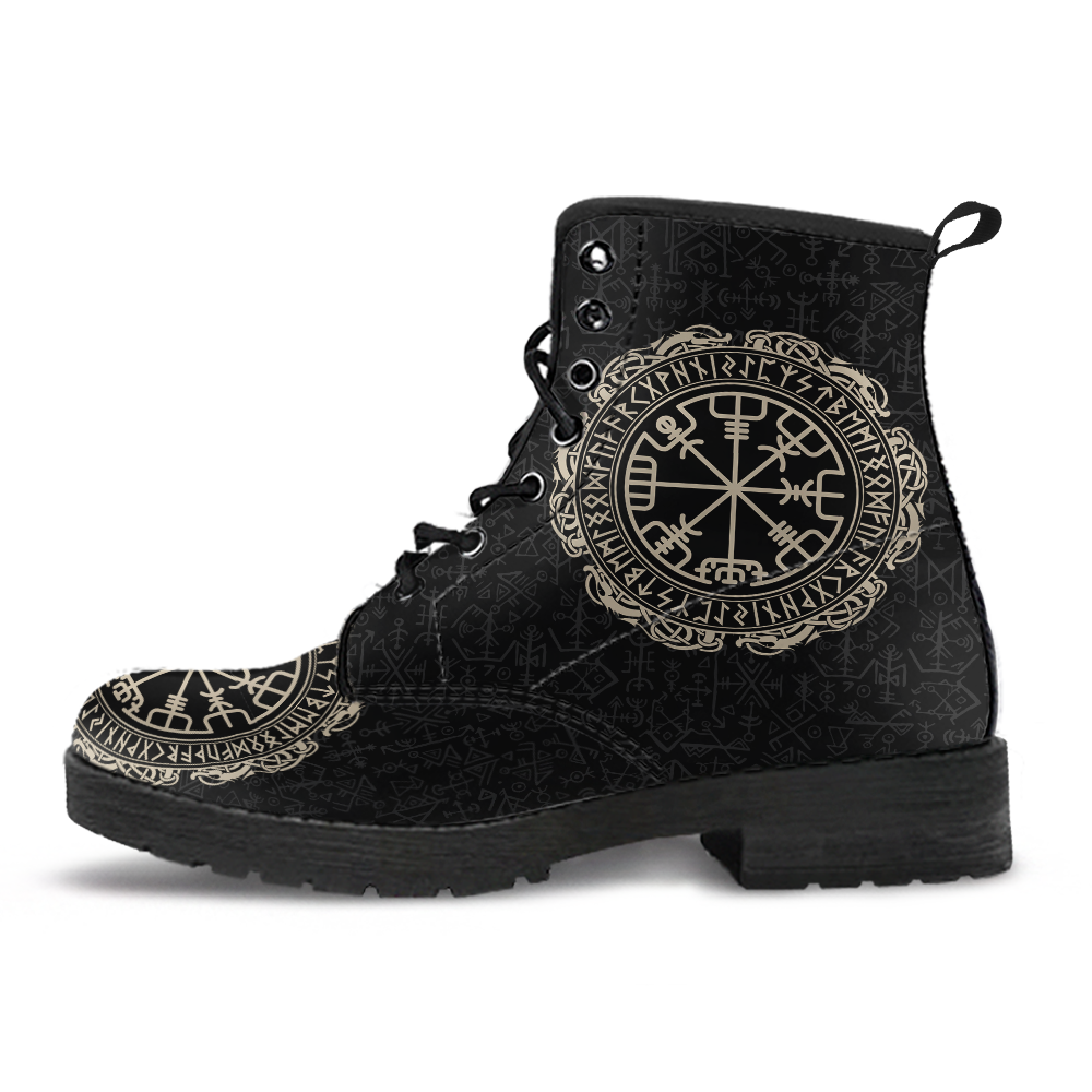 Viking Leather Boots Men's Vegvisir Symbol Rune Circle with Futhark