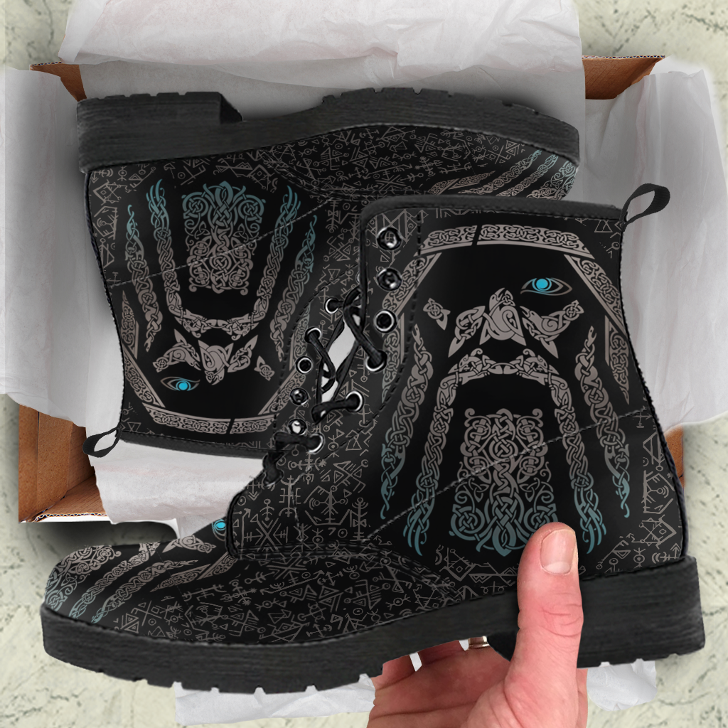 Viking Leather Boots God Odin Tattoo with Futhark