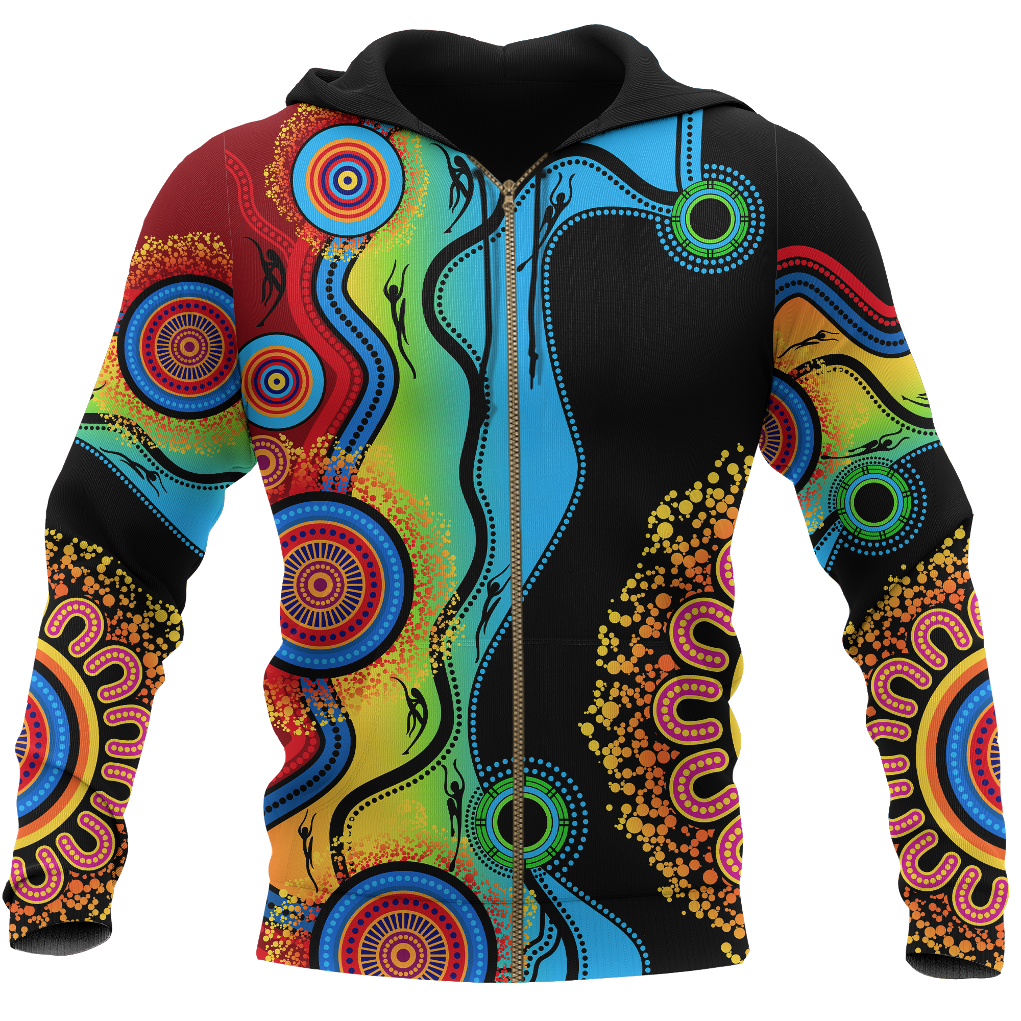 Aboriginal Zip Hoodie - Circle Dot Painting Flowers Patterns Blue Dream