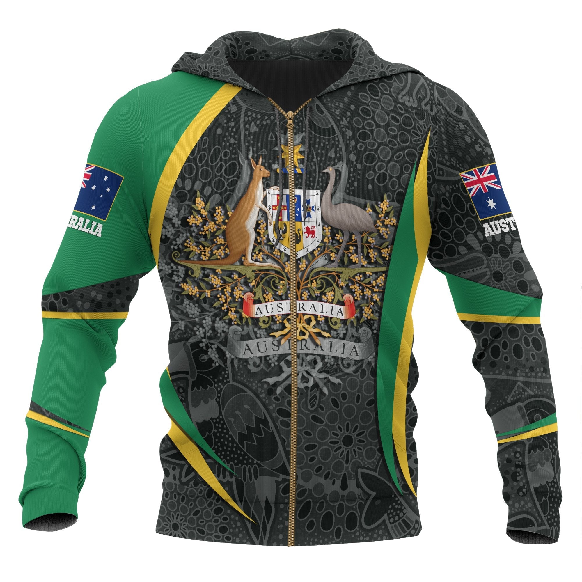 Aboriginal Zip Hoodie - Australian Coat of Arms - Aussie Spirit (Green) 