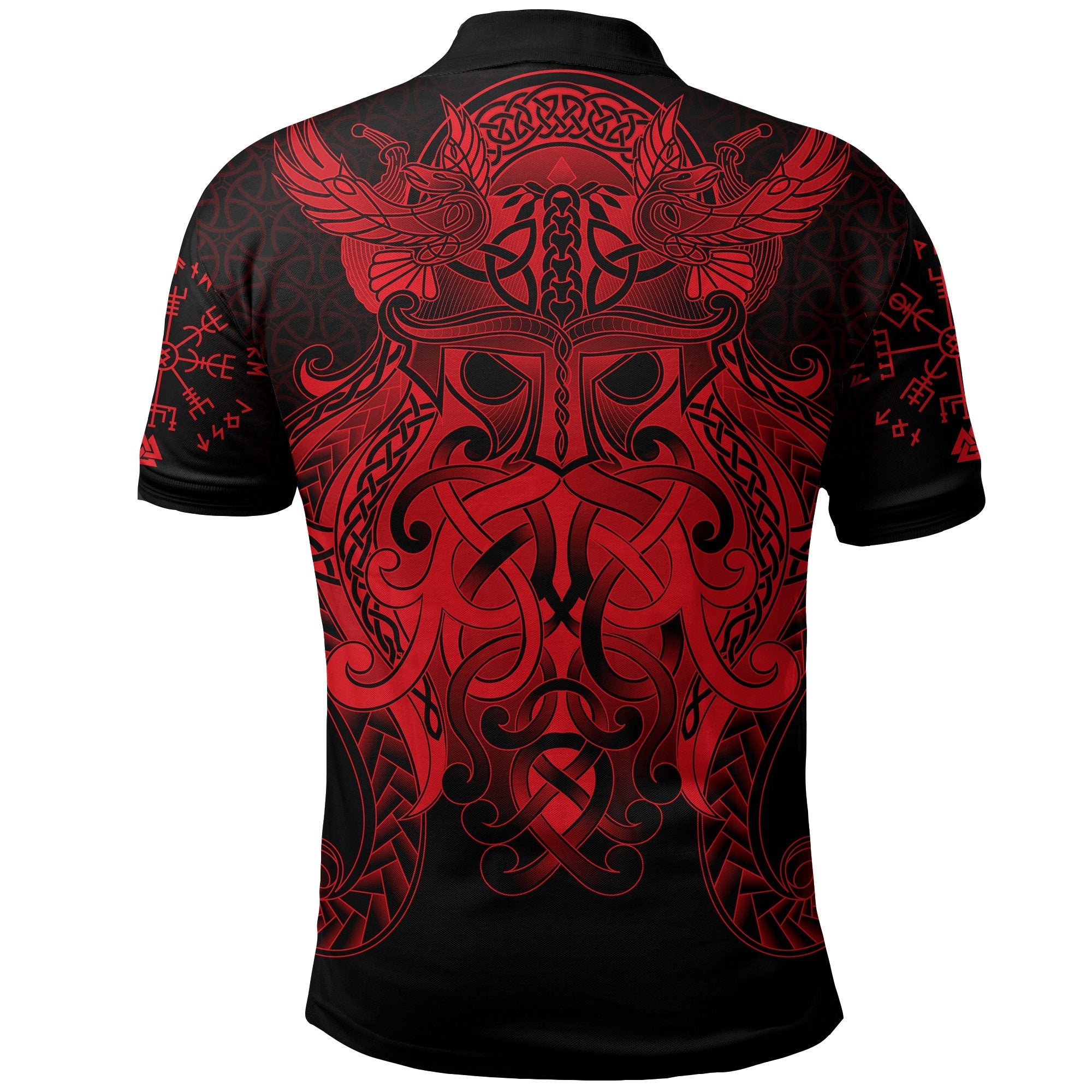 Viking Polo Shirt Raven Odin Valknut Red