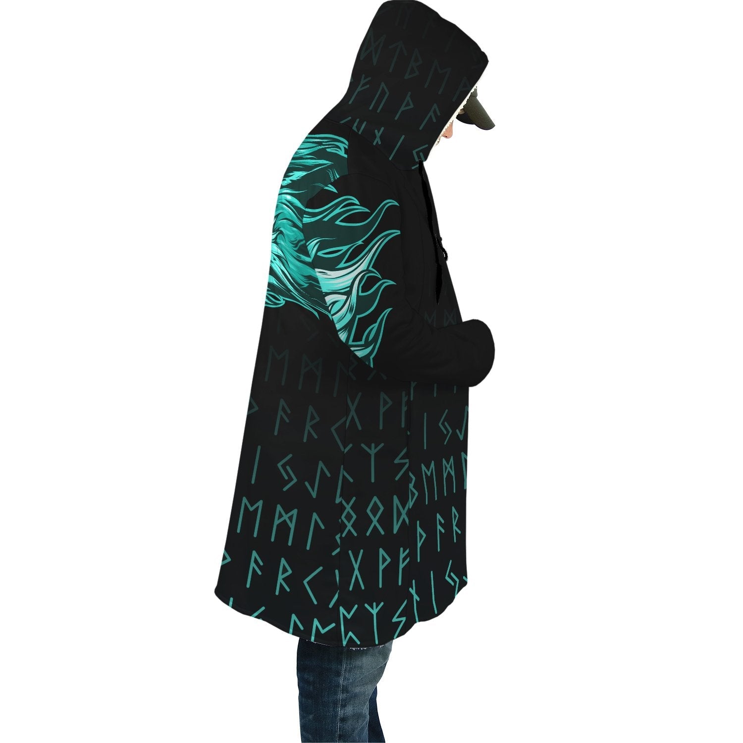 Custom Viking Hooded Coat Fenrir Wolf Cyan Near Shoulder