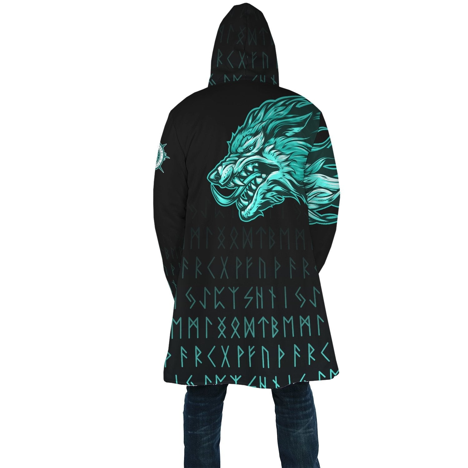 Custom Viking Hooded Coat Fenrir Wolf Cyan Near Shoulder