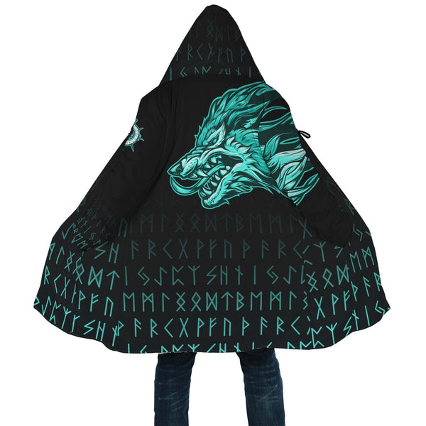 Custom Viking Hooded Coat Fenrir Wolf Cyan Near Shoulder