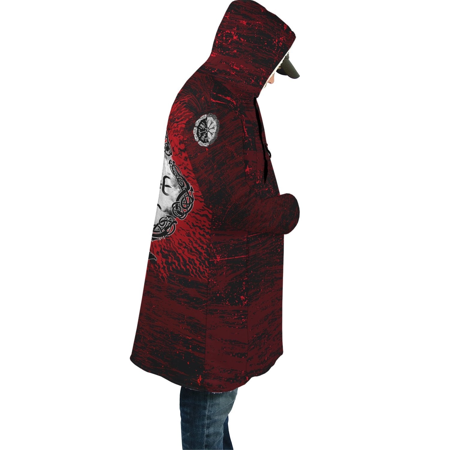 Viking Hooded Coat Raven of Odin and Symbol Viking on Blood Background