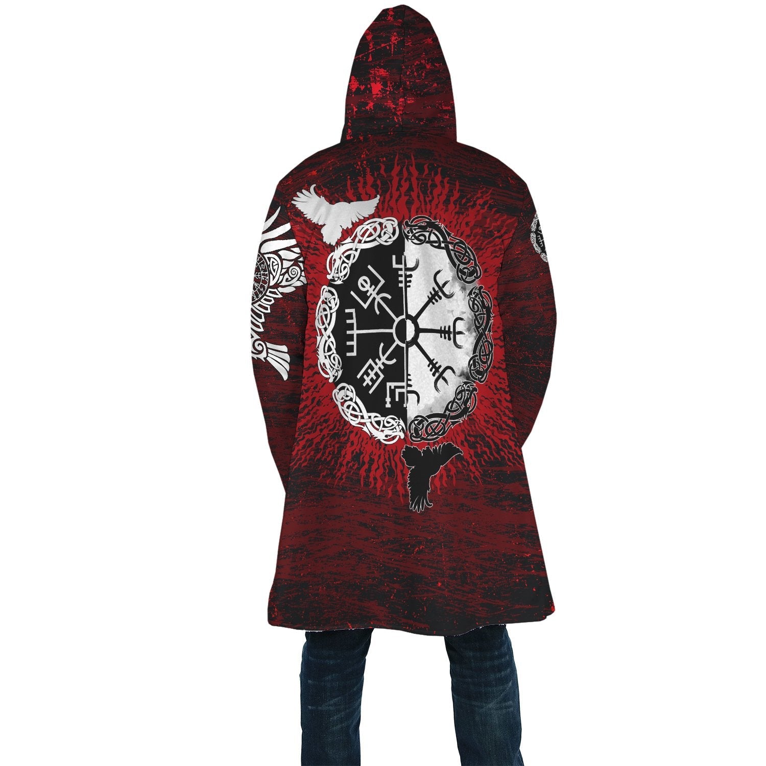 Viking Hooded Coat Raven of Odin and Symbol Viking on Blood Background