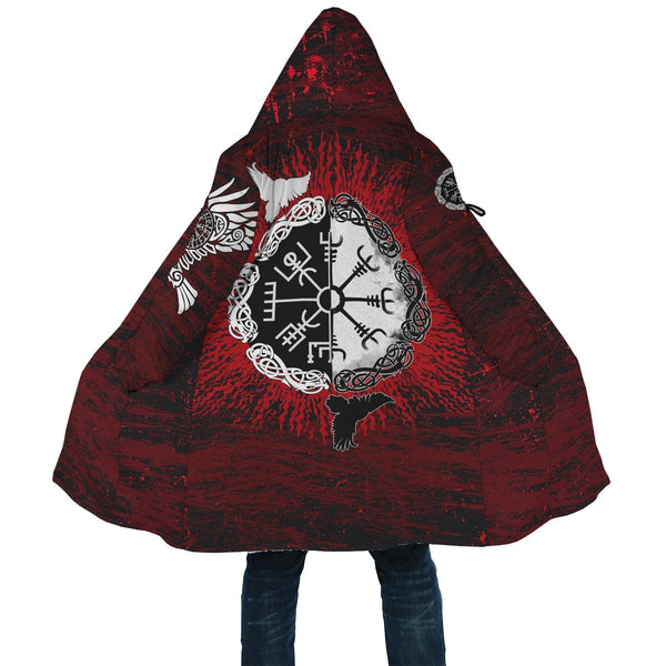 Viking Hooded Coat Raven of Odin and Symbol Viking on Blood Background