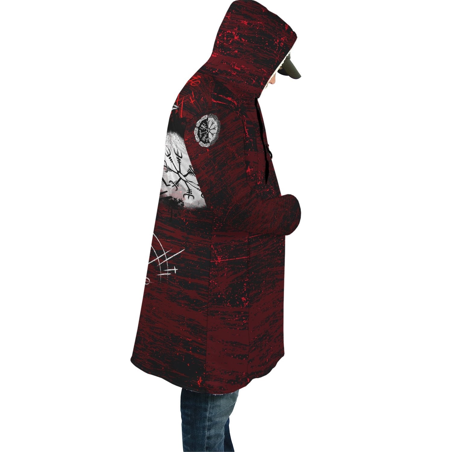 Viking Hooded Coat Raven of Odin and Symbol Viking on Blood Background Ver.01