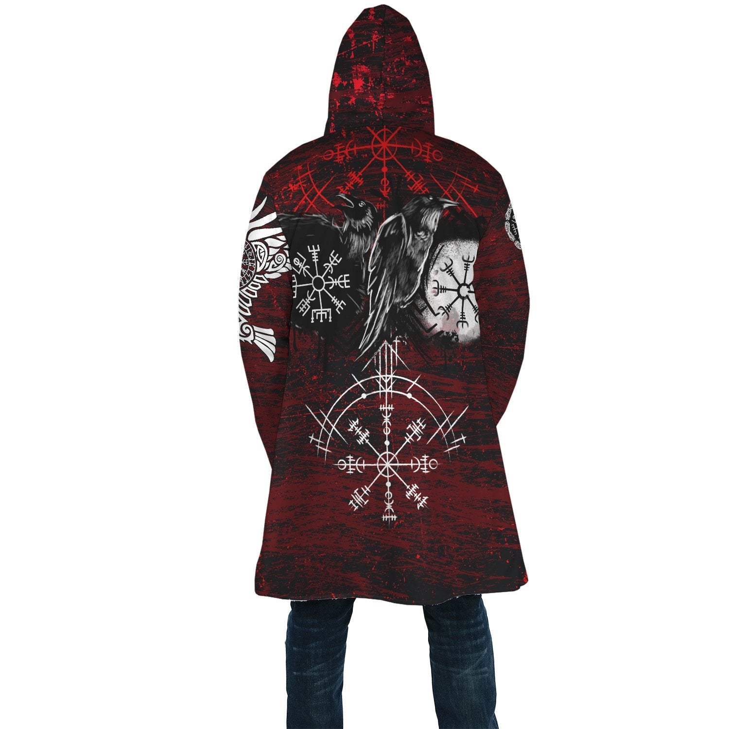 Viking Hooded Coat Raven of Odin and Symbol Viking on Blood Background Ver.01