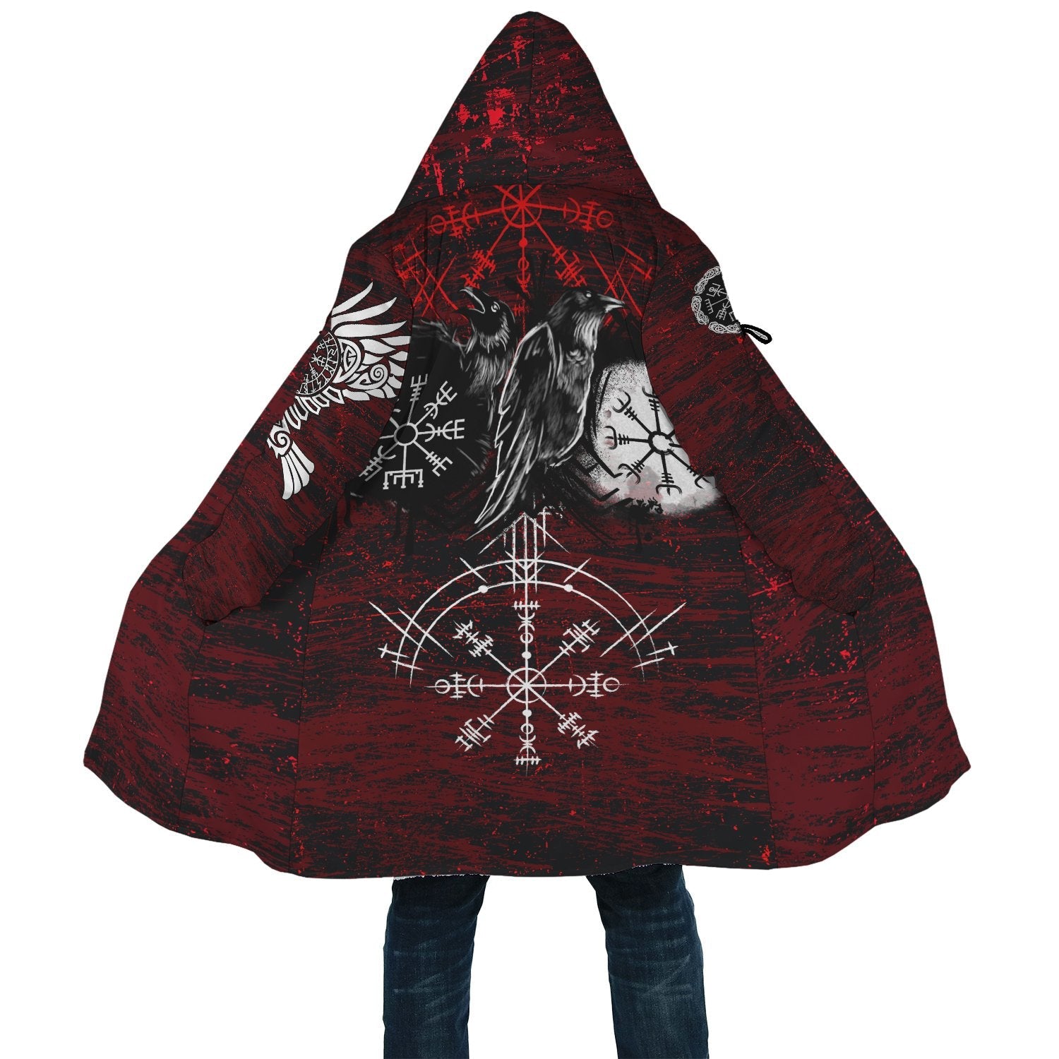 Viking Hooded Coat Raven of Odin and Symbol Viking on Blood Background