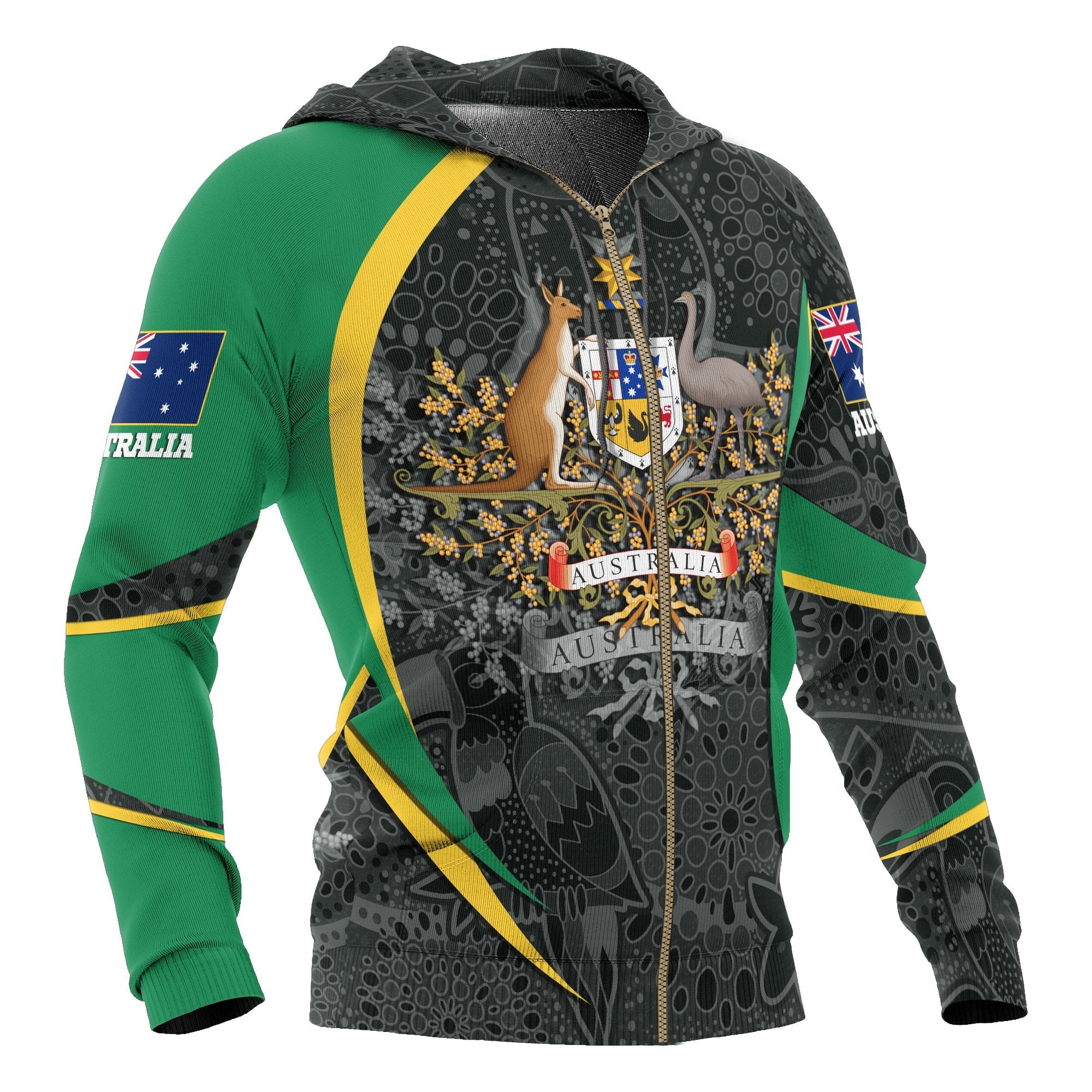 Aboriginal Zip Hoodie - Australian Coat of Arms - Aussie Spirit (Green) 