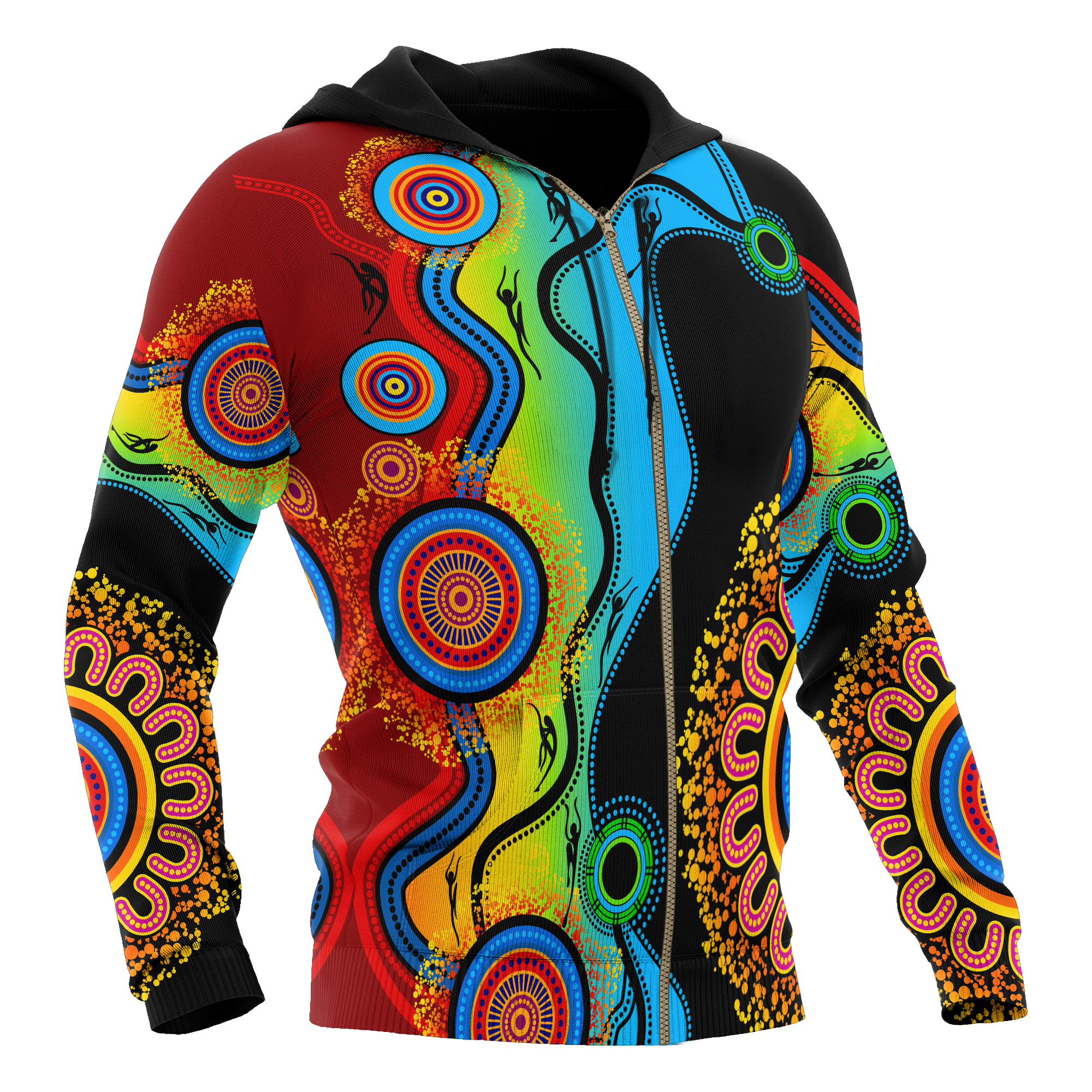 Aboriginal Zip Hoodie - Circle Dot Painting Flowers Patterns Blue Dream