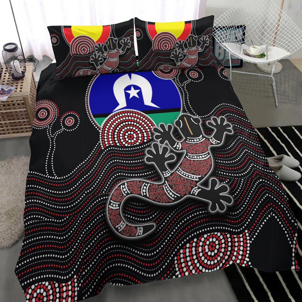 Aboriginal Bedding Set - Gecko with Torres Strait Islanders Flag