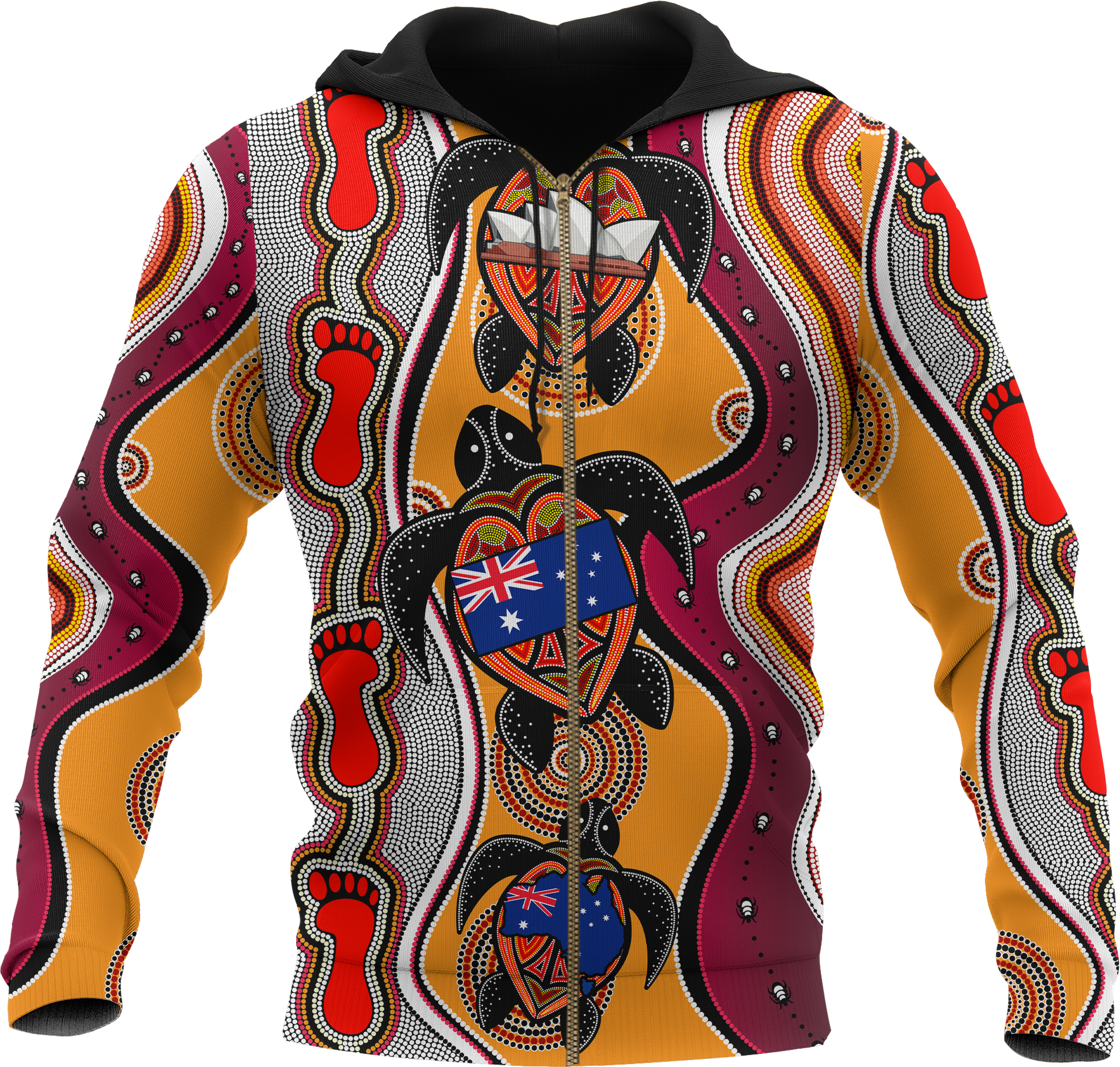 Aboriginal Zip Hoodie - Turtle Patterns Aus Flag Footprint Dot Painting