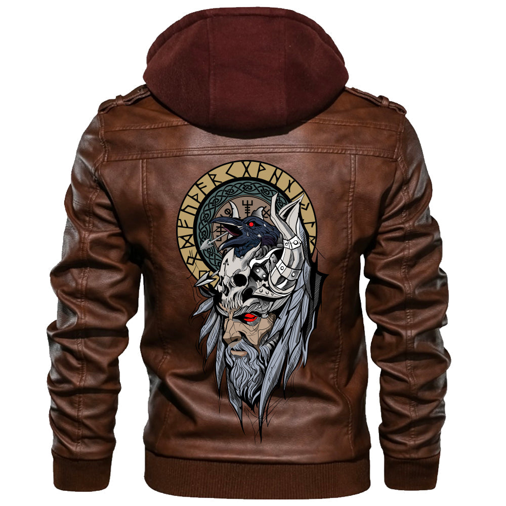 Viking Valknut Zipper Leather Jacket Odin Head