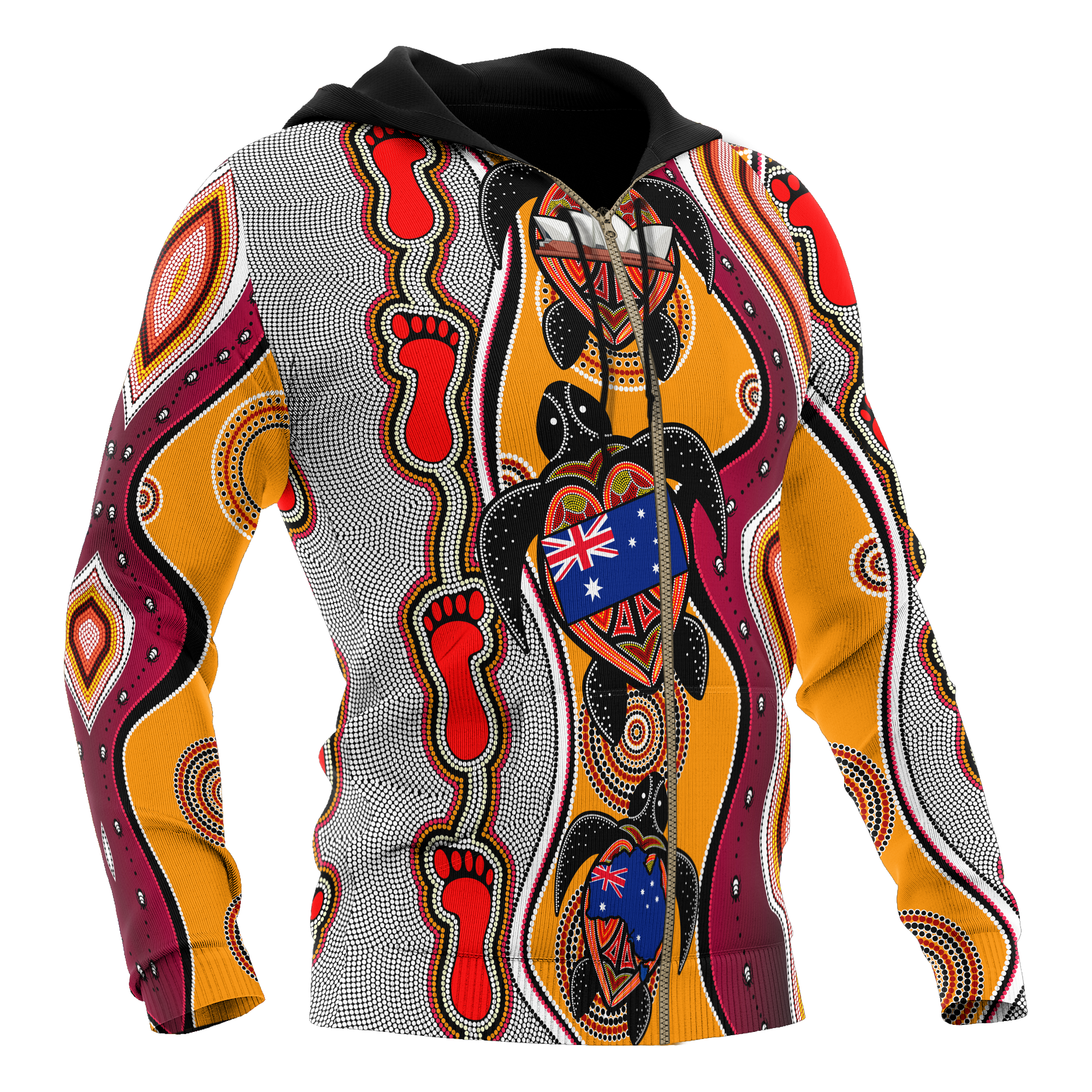 Aboriginal Zip Hoodie - Turtle Patterns Aus Flag Footprint Dot Painting