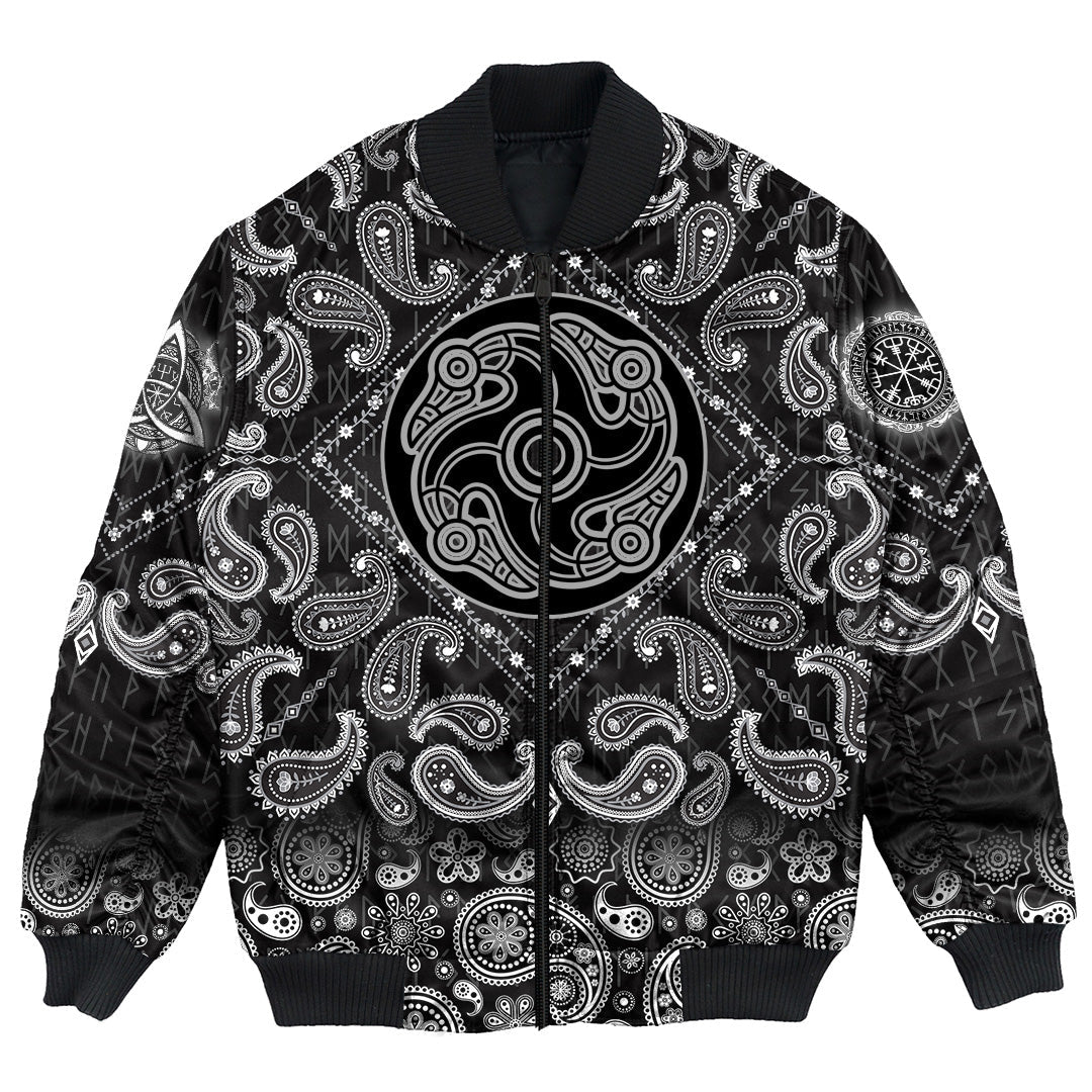 Viking Bomber Jacket Ancient Celtic Mythological Symbol Of Bird with Bandana Paisley Style