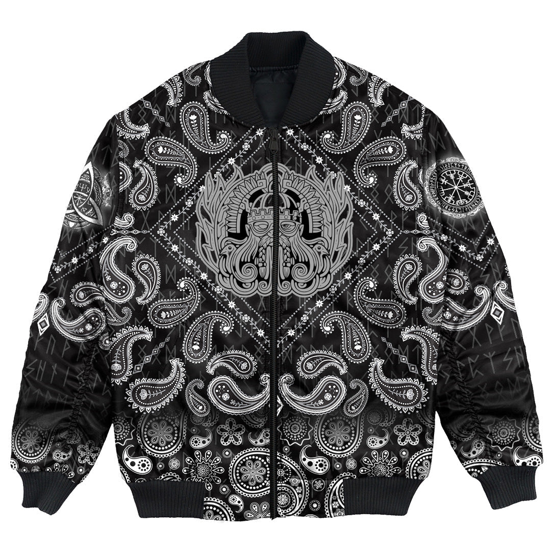 Viking Bomber Jacket Ancient Scandinavian God Odin with Bandana Paisley Style