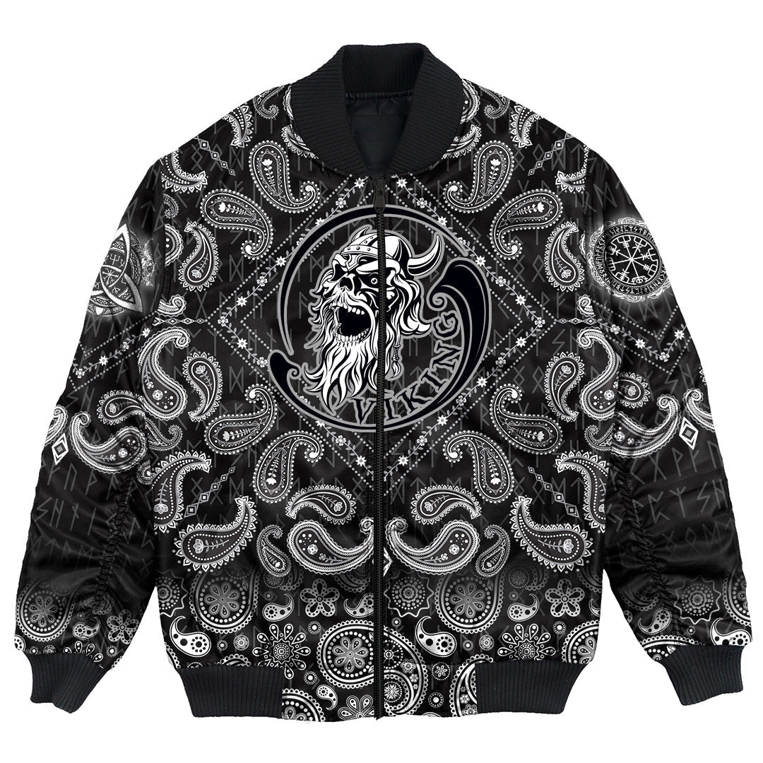 Viking Bomber Jacket Ancient Warrior Skull with Bandana Paisley Style