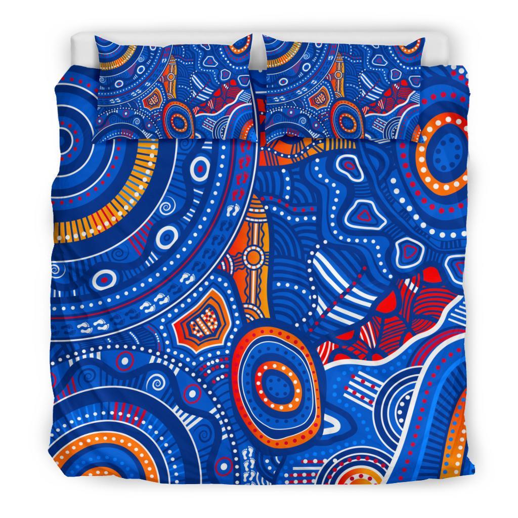 Aboriginal Bedding Set - Indigenous Footprint Patterns Blue Color