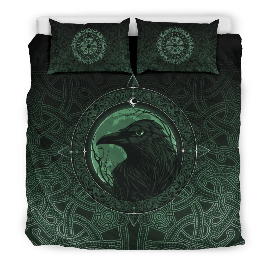 Viking Bedding Set Ethnic Odin Raven Green