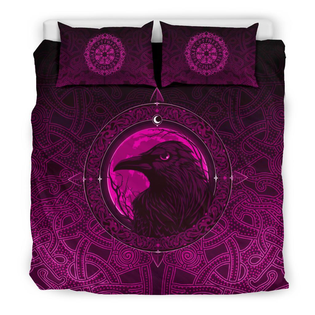 Viking Bedding Set Ethnic Odin Raven Pink