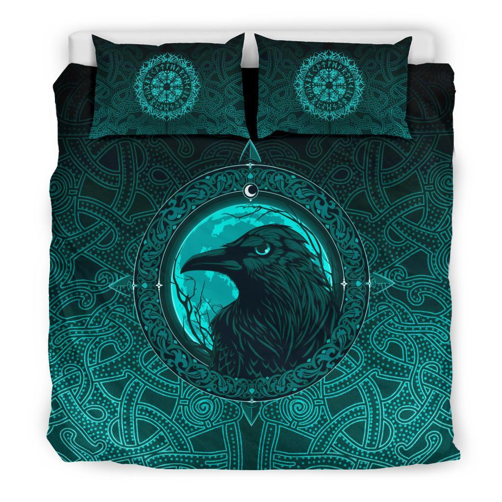 Viking Bedding Set Ethnic Odin Raven Cyan